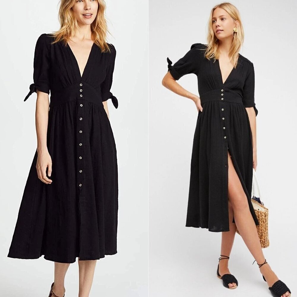 Free People Black Cotton Love Of My Life Button Down Midi Dress 37383